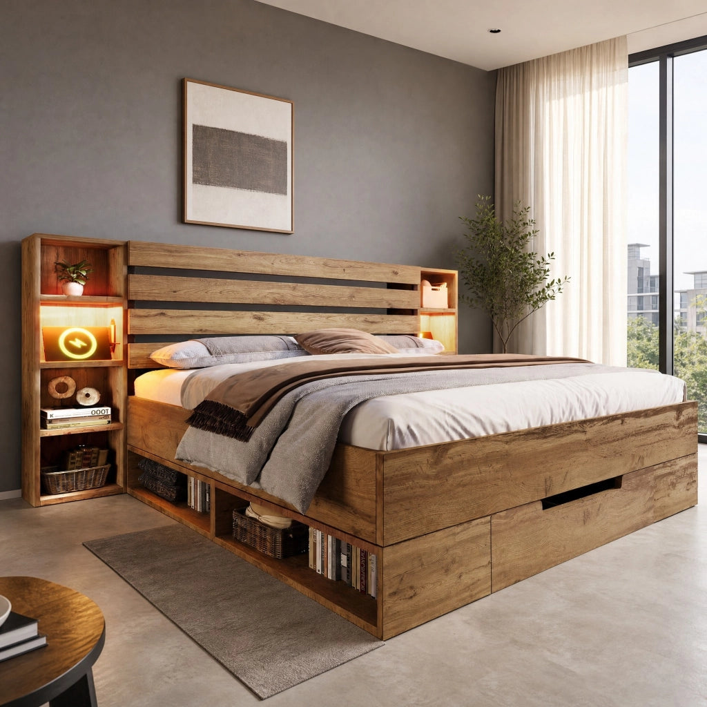 LETTO Matrimoniale 160x200 cm con LED USB e cassetti in legno e metallo rovere