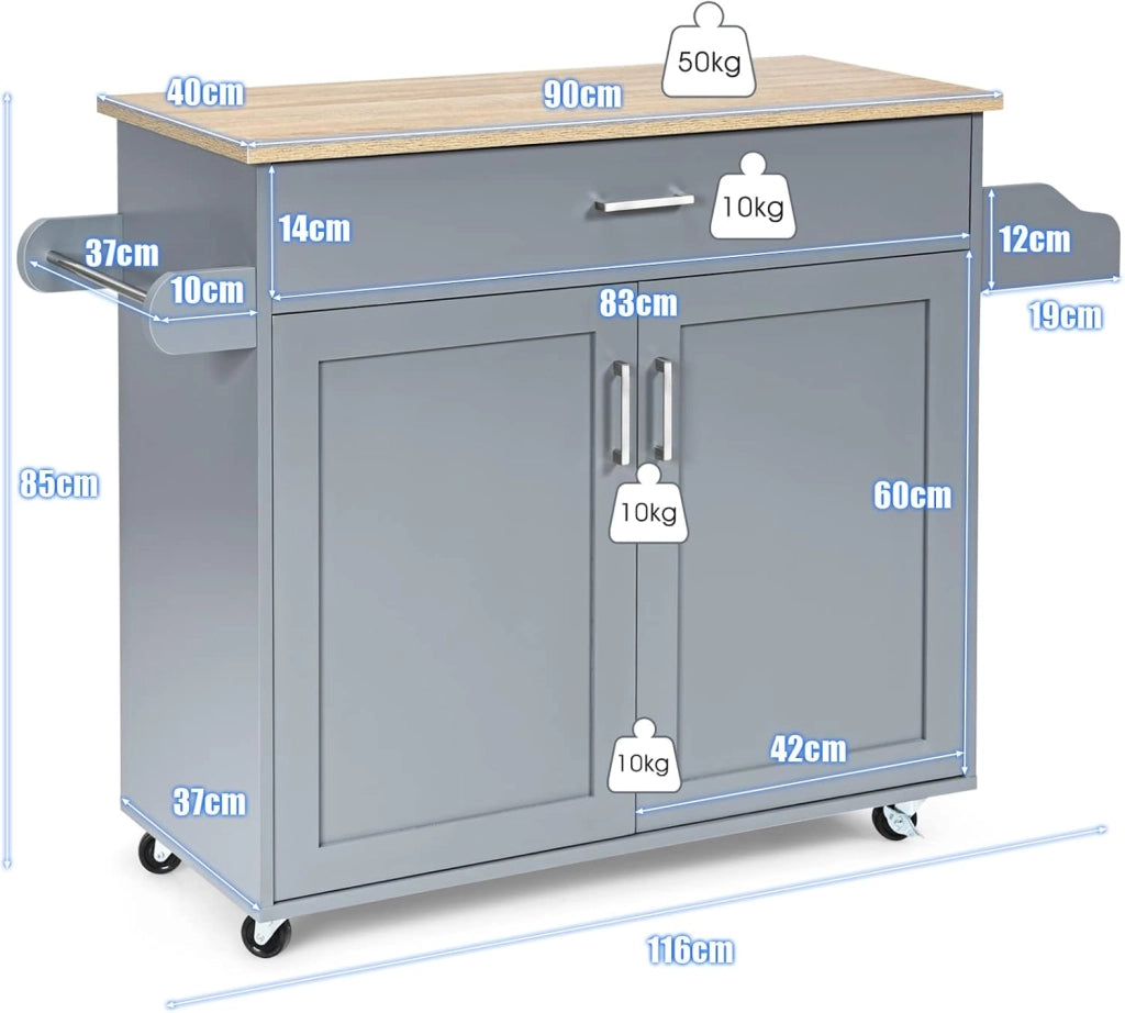 Carrello da Cucina, Credenza Mobile con Cassetto, Anta Doppia, Portaspezie e Portasciugamano, Ripiani Regolabili, Ruote con Freni, Portata di 50 kg, 116x40x85 cm, 4 Colori (grigio)