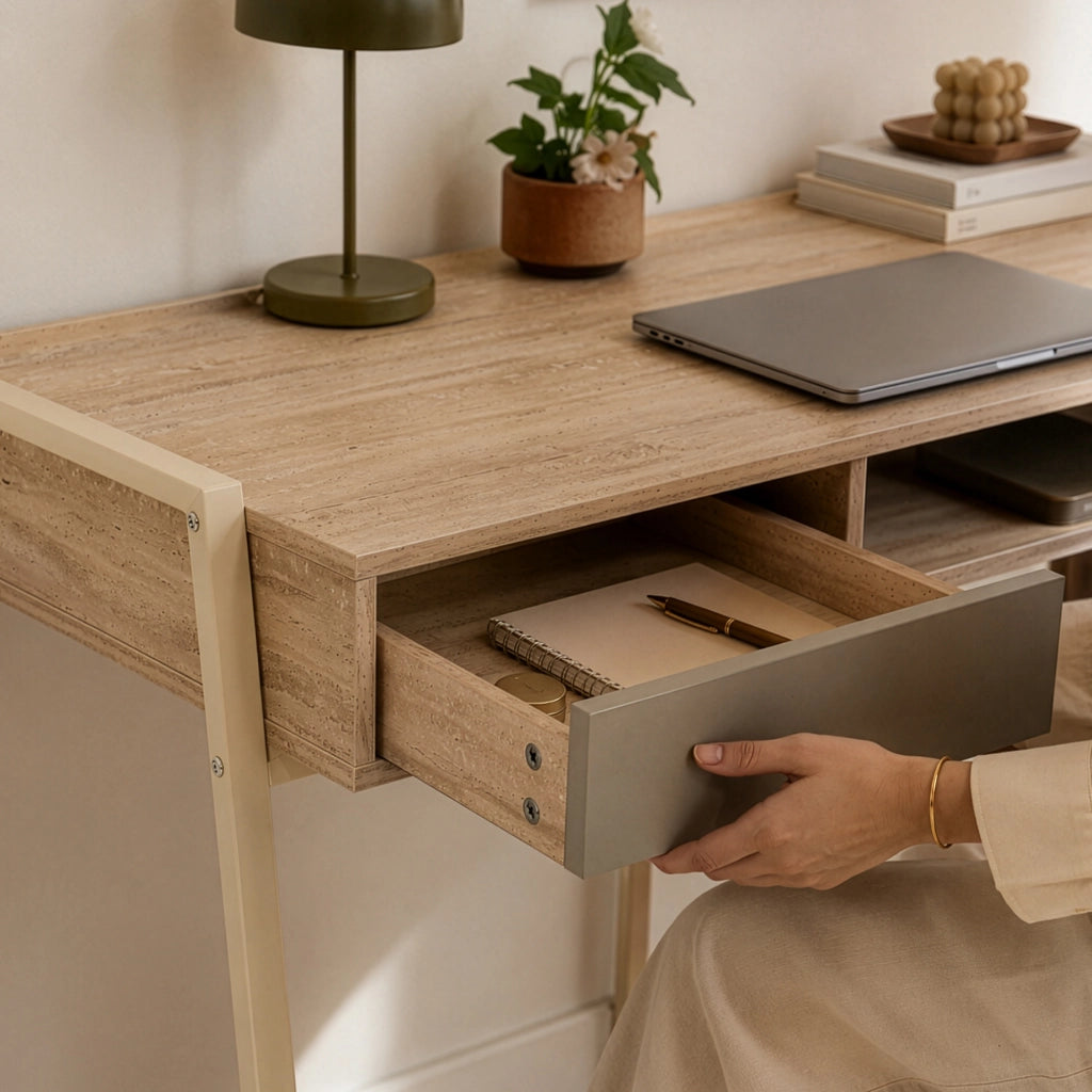 Scrivania Boderas con Vano Aperto e Cassetto 107 x 55 x 78 cm Beige / Travertino [en.casa]