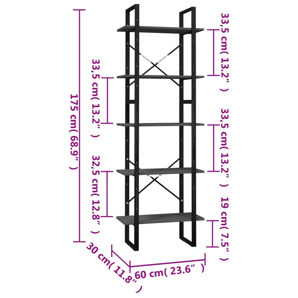 Libreria a 5 Ripiani Grigia 60x30x175 cm in Legno di Pino 3081985