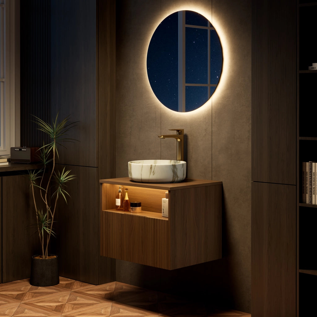 Mobile bagno sospeso con 1 cassetto e 1 vano aperto con lavabo in ceramica e luce LED per bagno 60×46×58.8 cm
