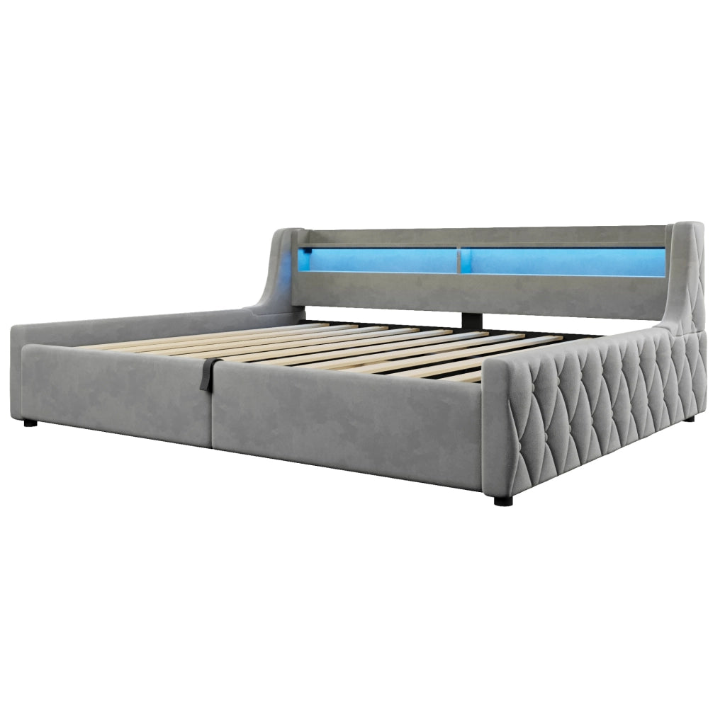 Letto imbottito 140x200 cm in velluto con LED e contenitore
