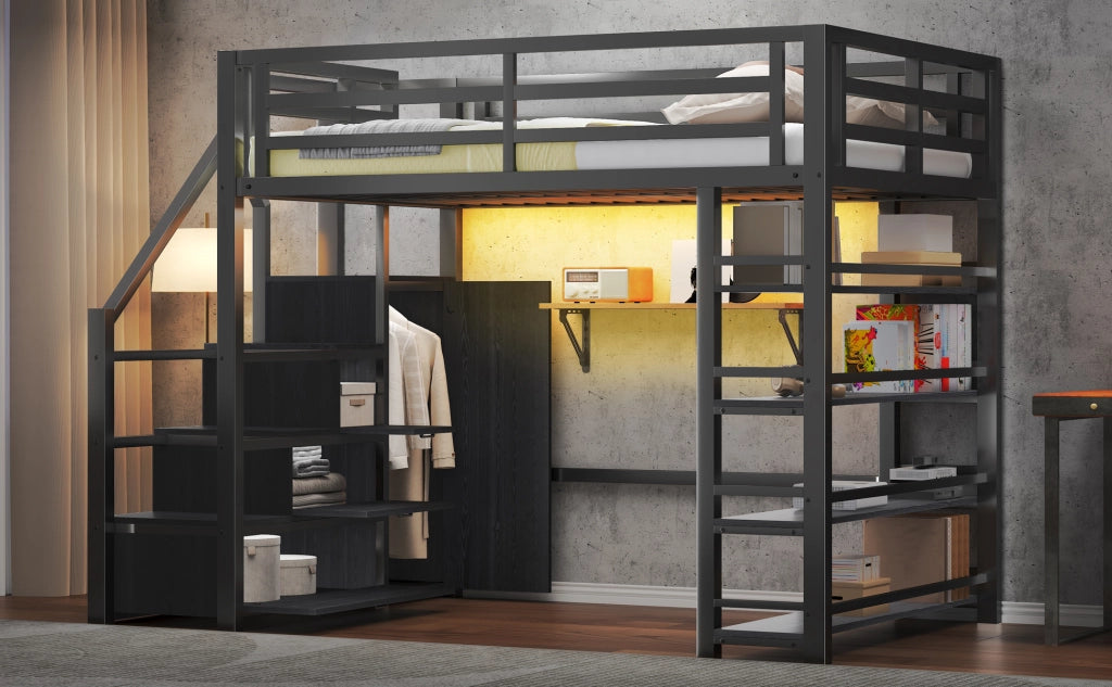 DESMIU Letto a soppalco 140 × 200 cm 2 posti con scaffali, armadio e LED, senza materasso, in metallo, nero