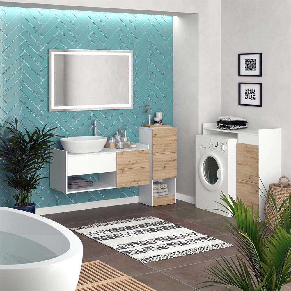 Set di mobili da bagno Alf, Bianco, 105 cm, composto da mobile sottolavabo, specchiera e mobile medio