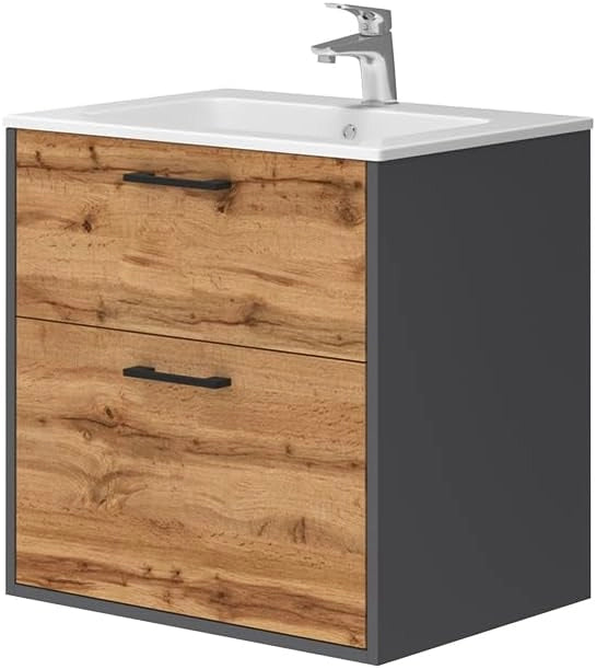 Set di mobili da bagno Lanco, Antracite/quercia dorata, 61 x 61.5 cm con lavabo, composto da mobile sottolavabo e lavabo