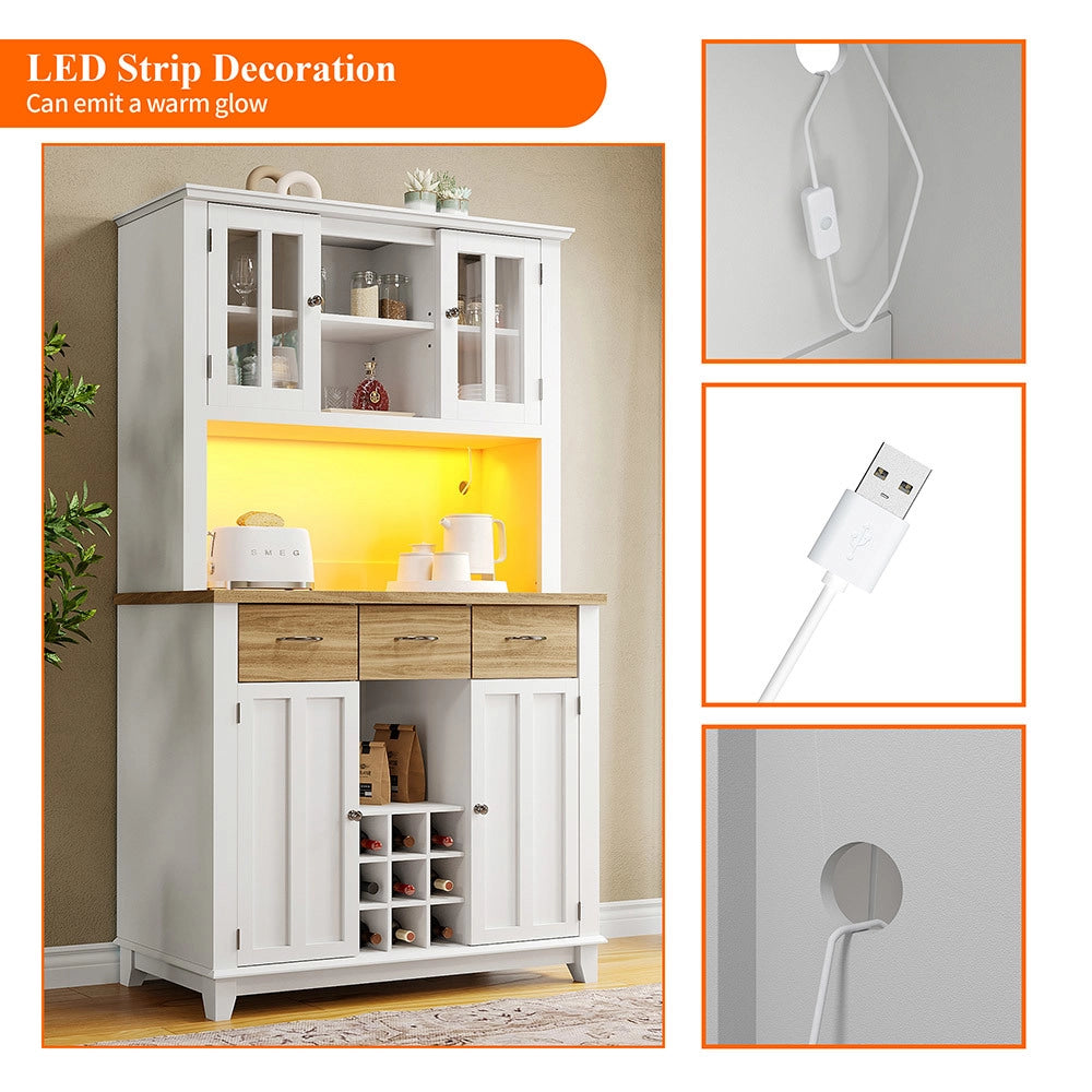 Vaisselier basso cucina - Xylo - LED, ripiani regolabili, cassetti in legno, bianco