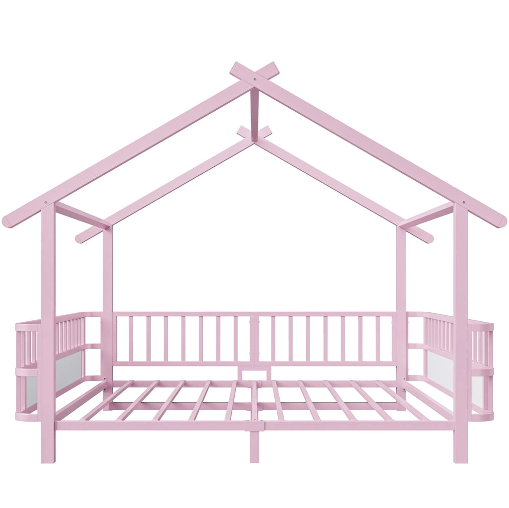 Letto per bambini 140x200 cm con sbarre di sicurezza e tetto in metallo rosa