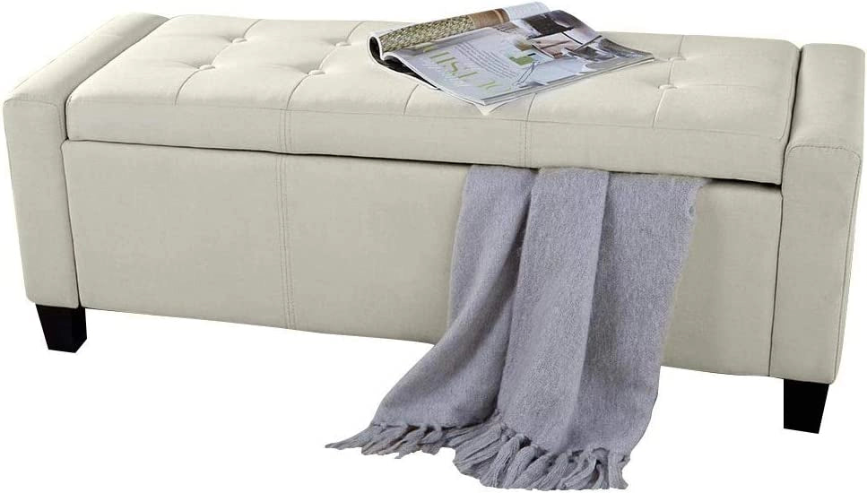Cassapanca Pouf Contenitore Panca Fondoletto 110x40x40 cm in Legno e Eco Pelle Avorio