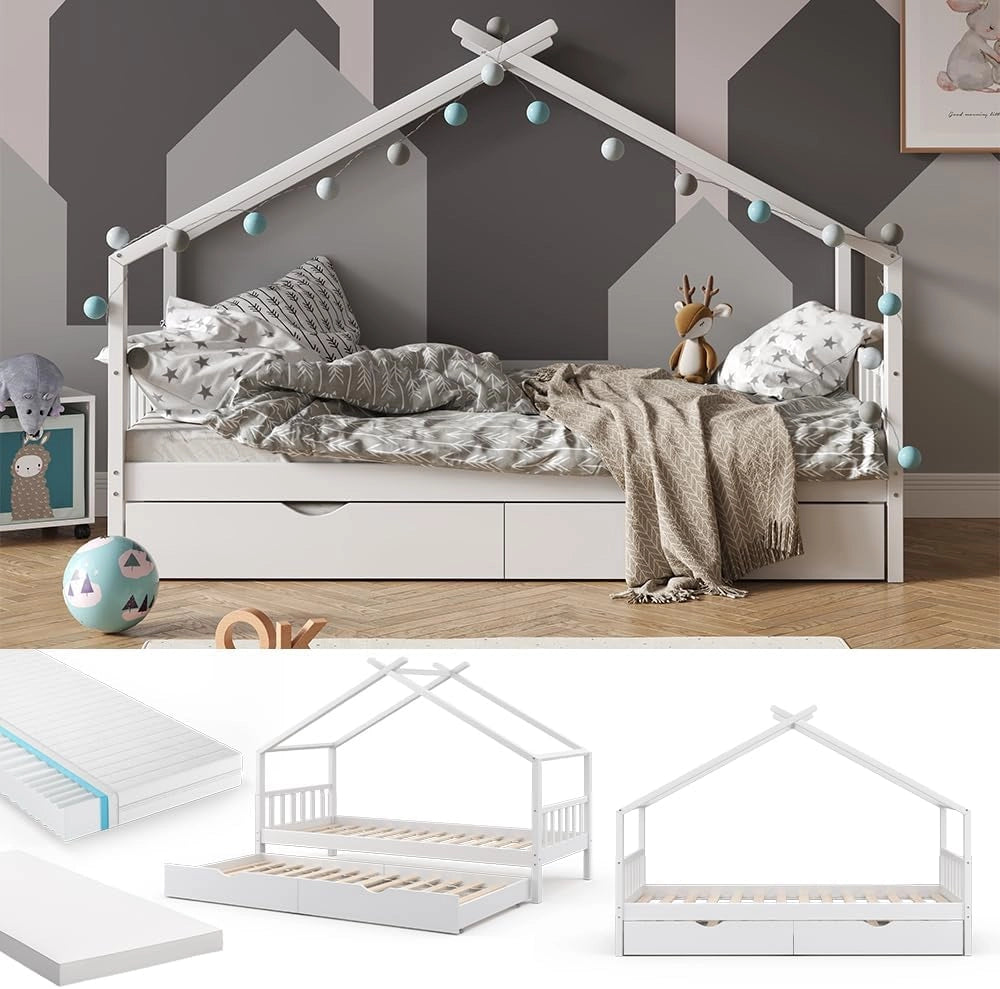 Letto montessori bambini Design, Bianco, 90x200 cm con letto per ospiti e 2 materassi, con sponda anticaduta e rete a doghe per un sonno sicuro