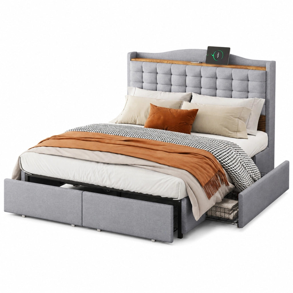 Letto matrimoniale imbottito 140x200 cm con USB; 4 cassetti; tessuto effetto lino grigio