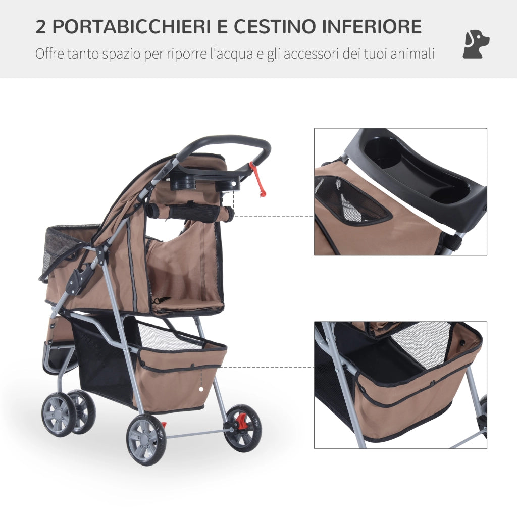 EasyComfort Passeggino per Cani Piccoli Pieghevole, Carrozzina per Cani con Ruote con Freni, Portabicchieri, Cestino Portaoggetti e Imbottitura Rimovibile e Lavabile, per Animali Domestici 10 kg, Caffè