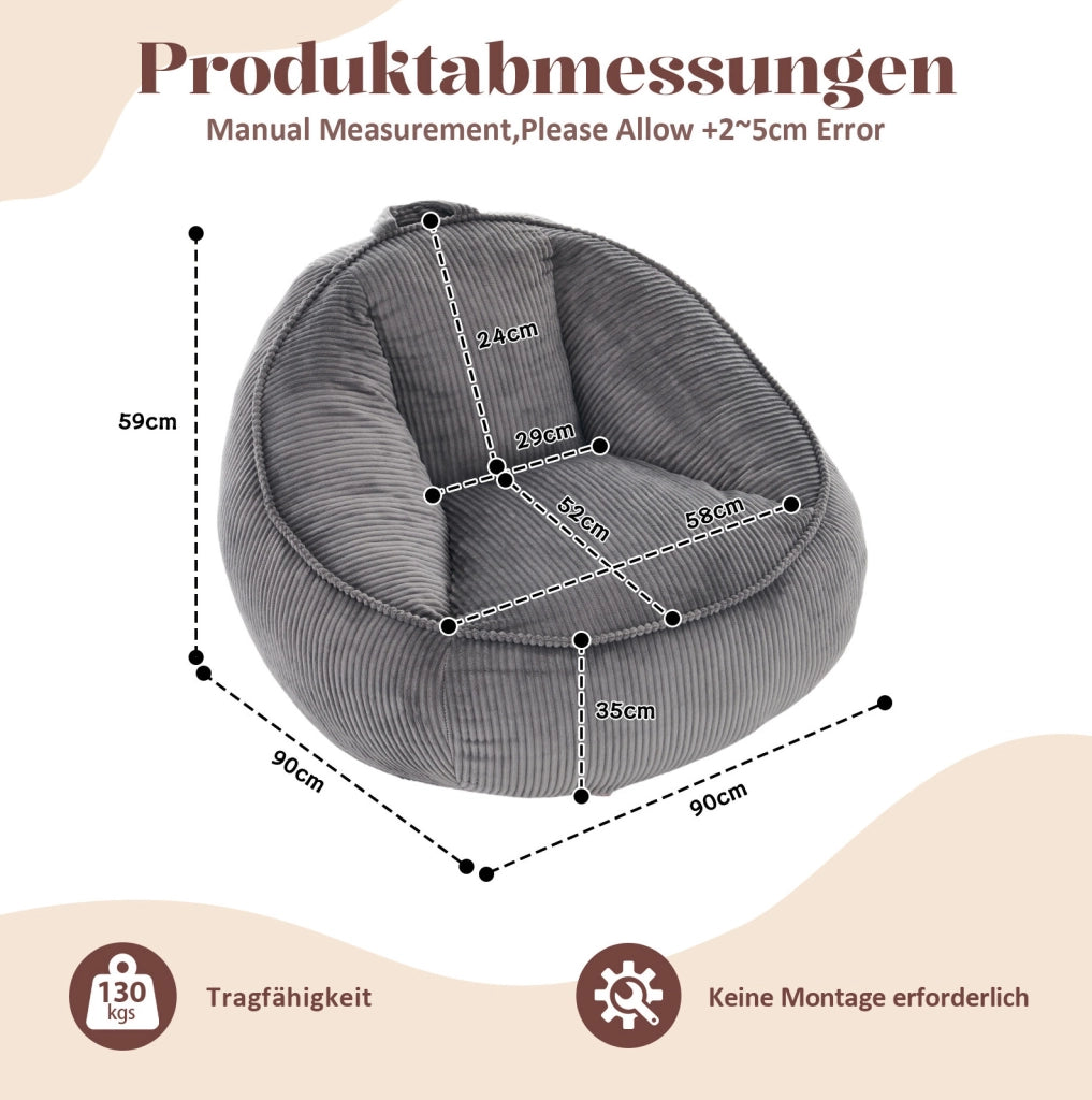 Poltrona sacco ergonomica in velluto a coste grigio; con imbottitura in memory foam