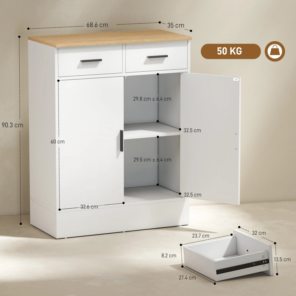 Credenza Moderna 2 Cassetti e Armadietto 2 Ante. Ripiano Interno Regolabile. Bianco e Legno