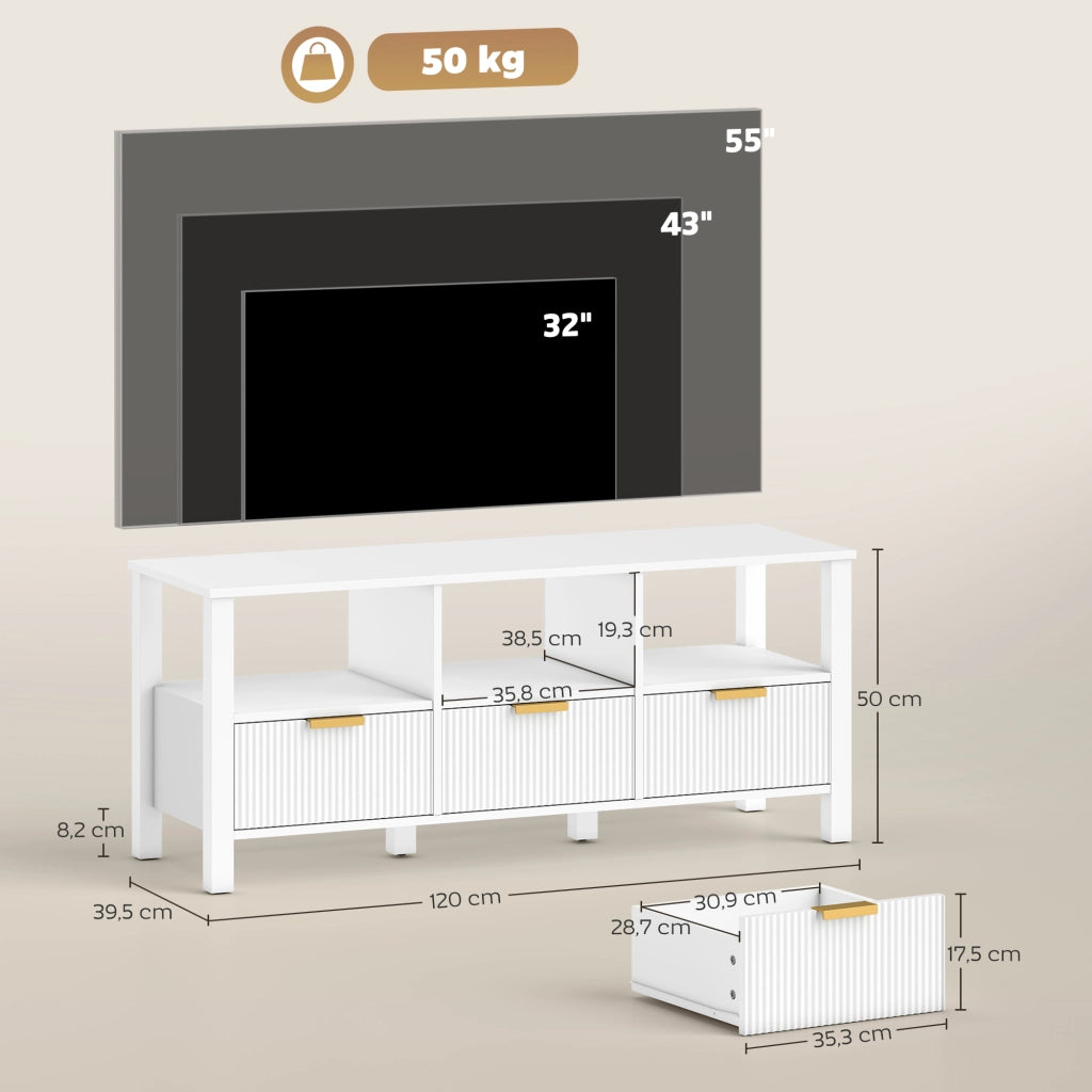 Mobile TV con 3 cassetti e 3 ripiani aperti per TV 43-55 pollici ¨C Minimal ¨C Bianco 120x39.5x50 cm