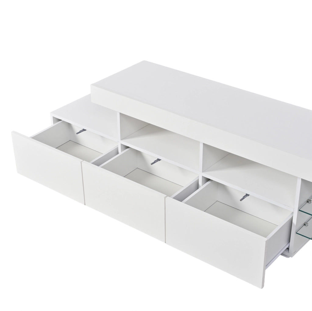 Mobile TV 180x35x45 cm con illuminazione LED; frontale lucido; 3 cassetti; in MDF e truciolare; bianco