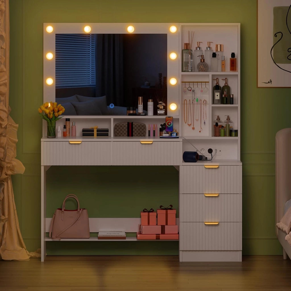 Toeletta da Trucco con 10 Luce LED,Tavolo da Trucco con Specchio e Prese,Postazione Trucco con 5 Cassetti,Ripiani Aperti e Ganci per Gioielli,Moderno (Bianco)