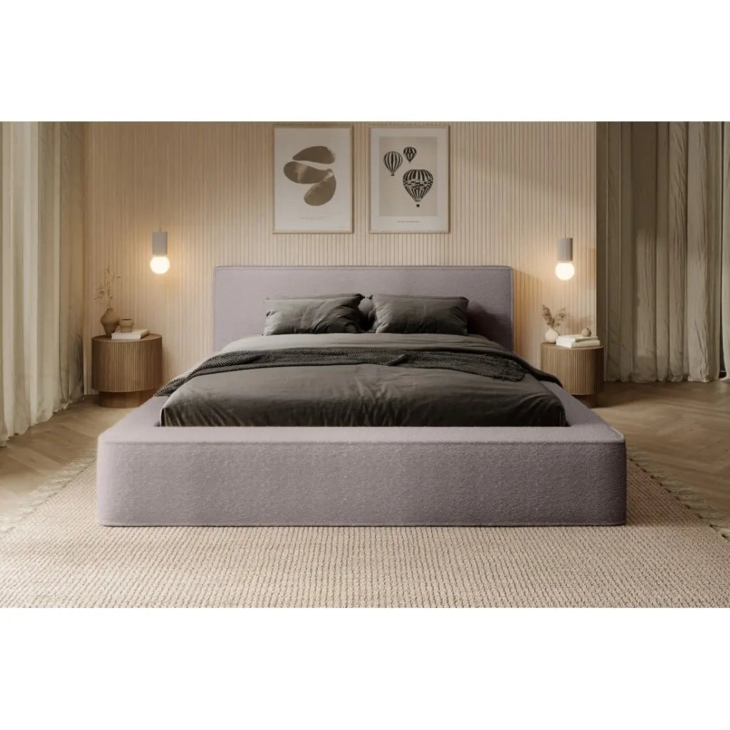 Lit coffre VELORA – Taupe rosato bouclé – 160x200 cm – Tessuto velluto morbido – Rete sollevabile – Contenitore integrato