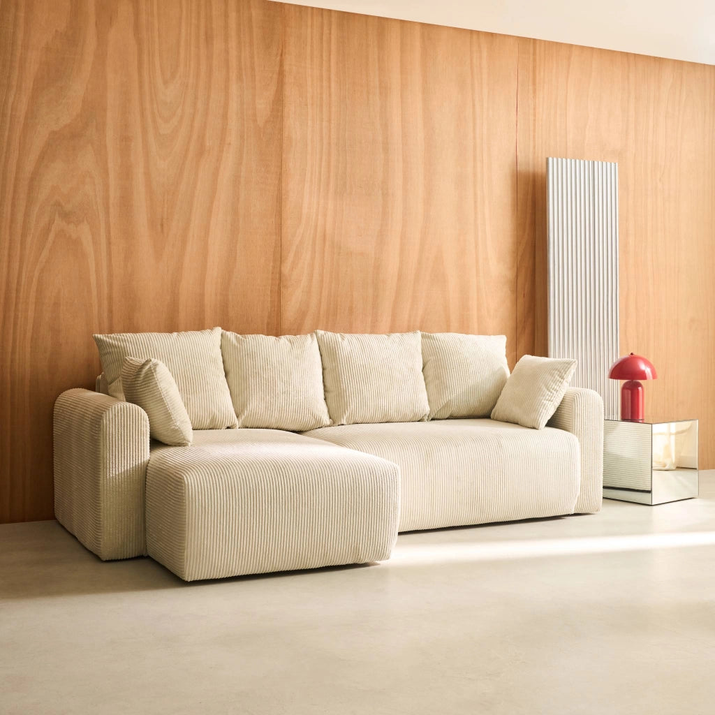 Divano letto angolare reversibile in velluto a coste, 3 posti, beige