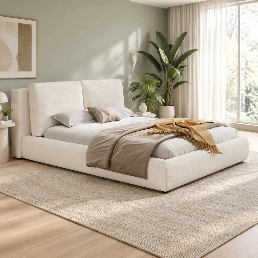 Letto imbottito 180x200 cm con rete a doghe e testiera in boucl¨¦ beige