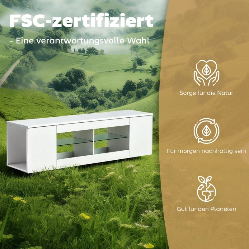 Mobile porta TV con 6 vani e 2 ripiani in vetro per TV fino a 65 pollici, in truciolare FSC, bianco, 140 cm