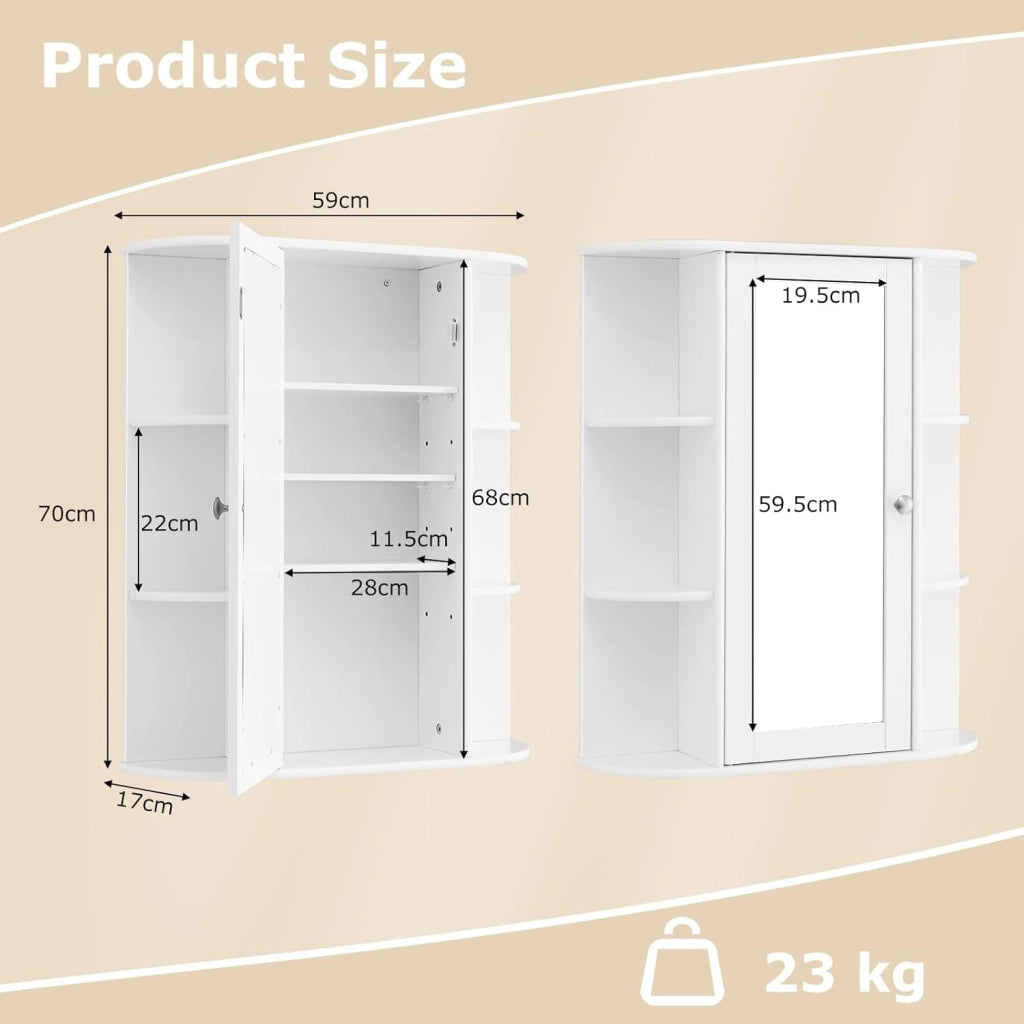 Armadietto Bagno a Parete, Mobiletto Pensile con Ante di Specchio, 6 Scomparti Laterali, 2 Colori Disponibili, 60x16,5x70 cm