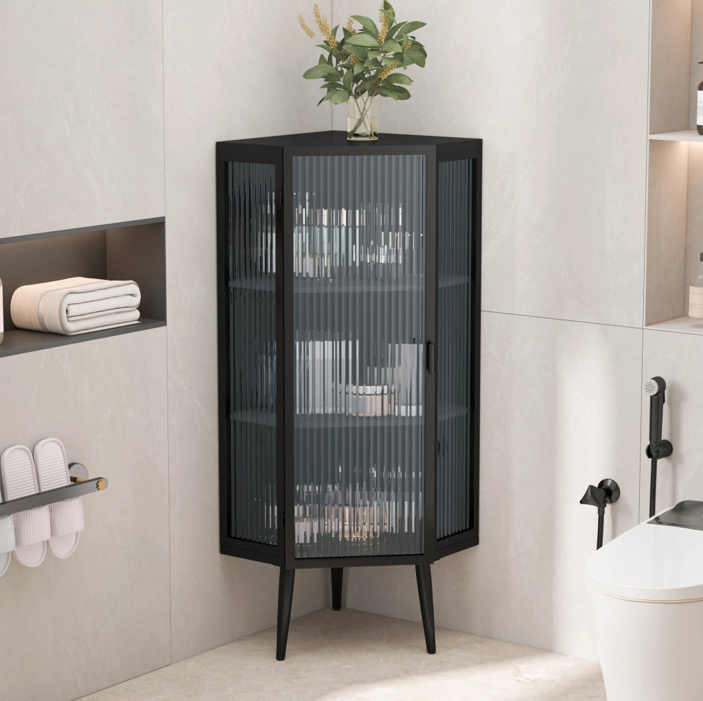 Mobile ad angolo da terra 56x42;5x110 cm in metallo e vetro temperato nero