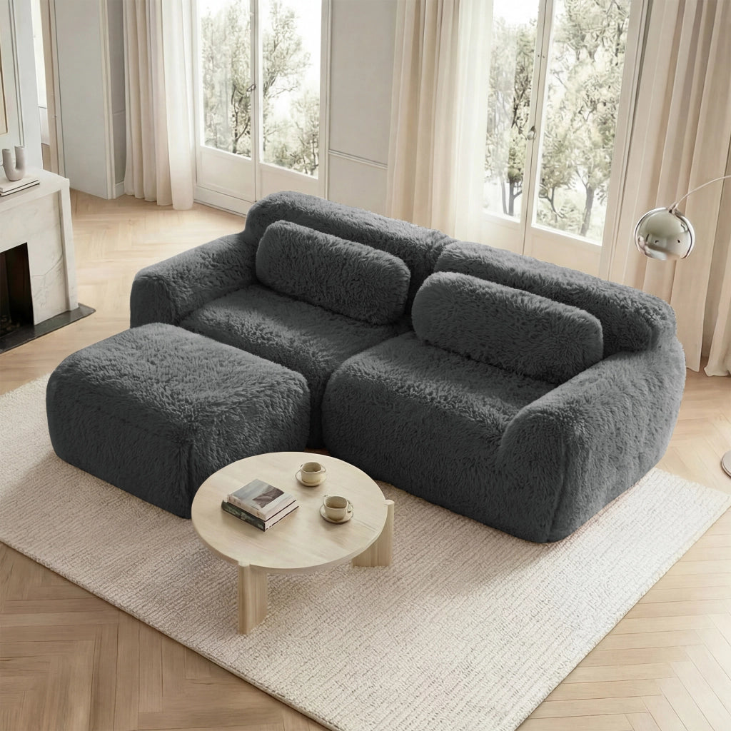 Divano Angolare Modulare 2 Posti con Pouf Collegabile e Cuscini; Seduta Ampia Senza Montaggio in Peluche Grigia