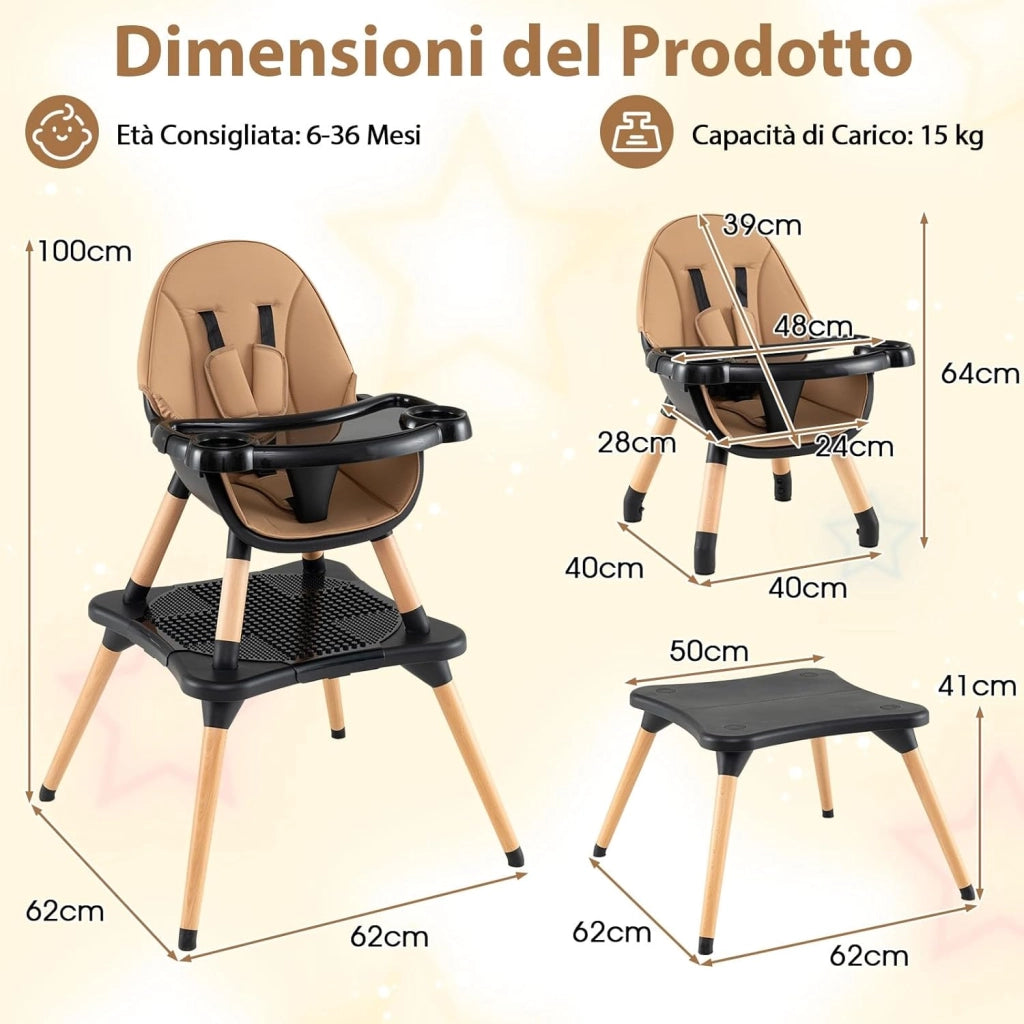 6-in-1 Seggiolone per Neonati, Seggiolone Prima Pappa, Tavolo e Sedia Convertibile per Bambini, Imbracatura di Sicurezza, Vassoio Rimovibile, per Bambini 6-36 Mesi (Caffè+Nero)