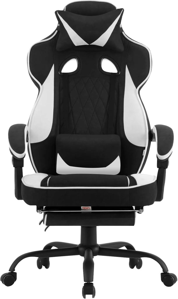 Sedia Gaming Ergonomica | Tessuto Traspirante Fresco D'estate | Schienale Regolabile Poggiapiedi | per Gaming Ufficio Relax | Sedile ampio e comodo per Persone di Taglia Grande | Nero+Bianco