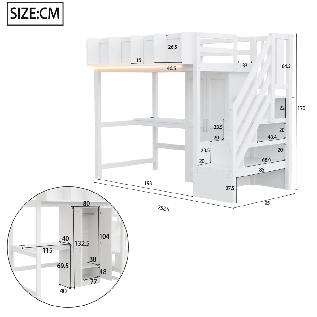 Letto a soppalco ULEVR 90x200 cm con scrivania, armadio, LED e prese integrate, bianco