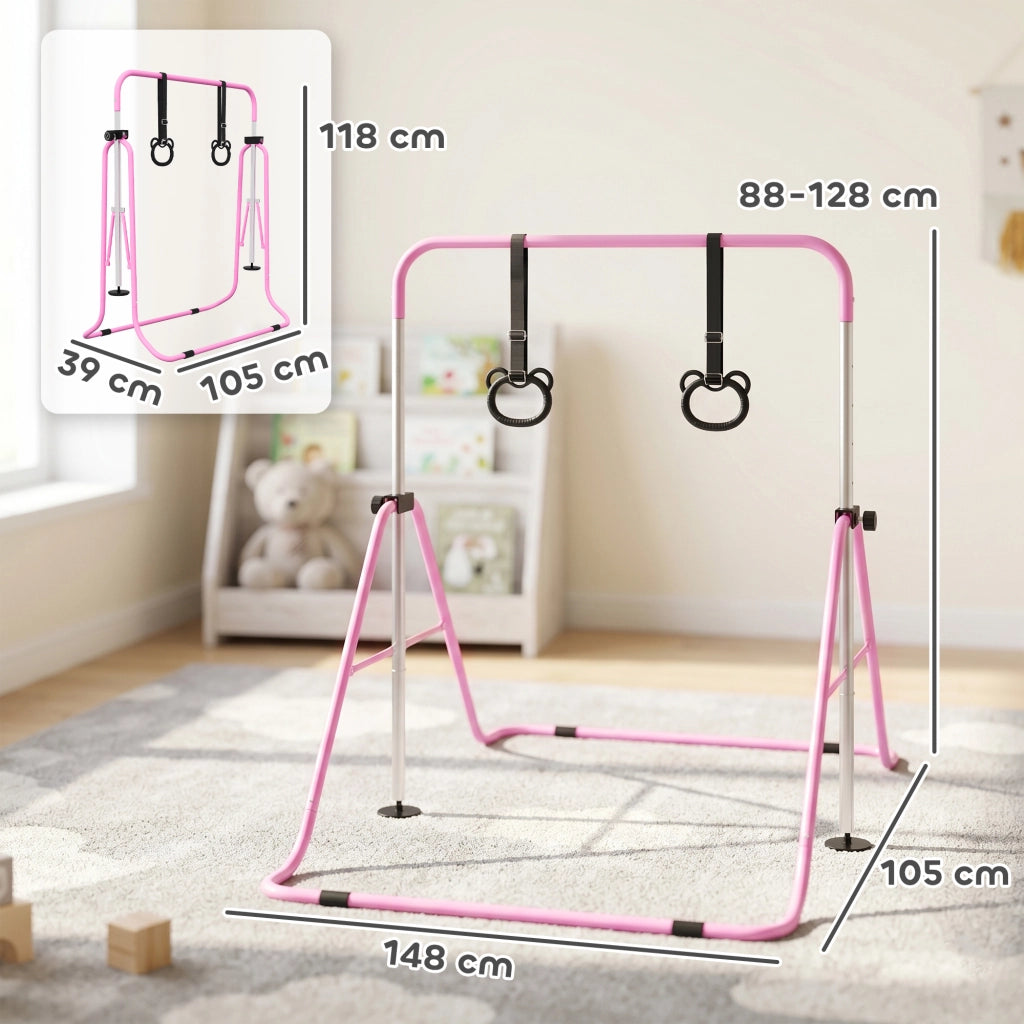 Sbarra Ginnastica Artistica per Bambini ad Altezza Regolabile con 2 Anelli, in Acciaio, 148x105x88-128 cm, Rosa