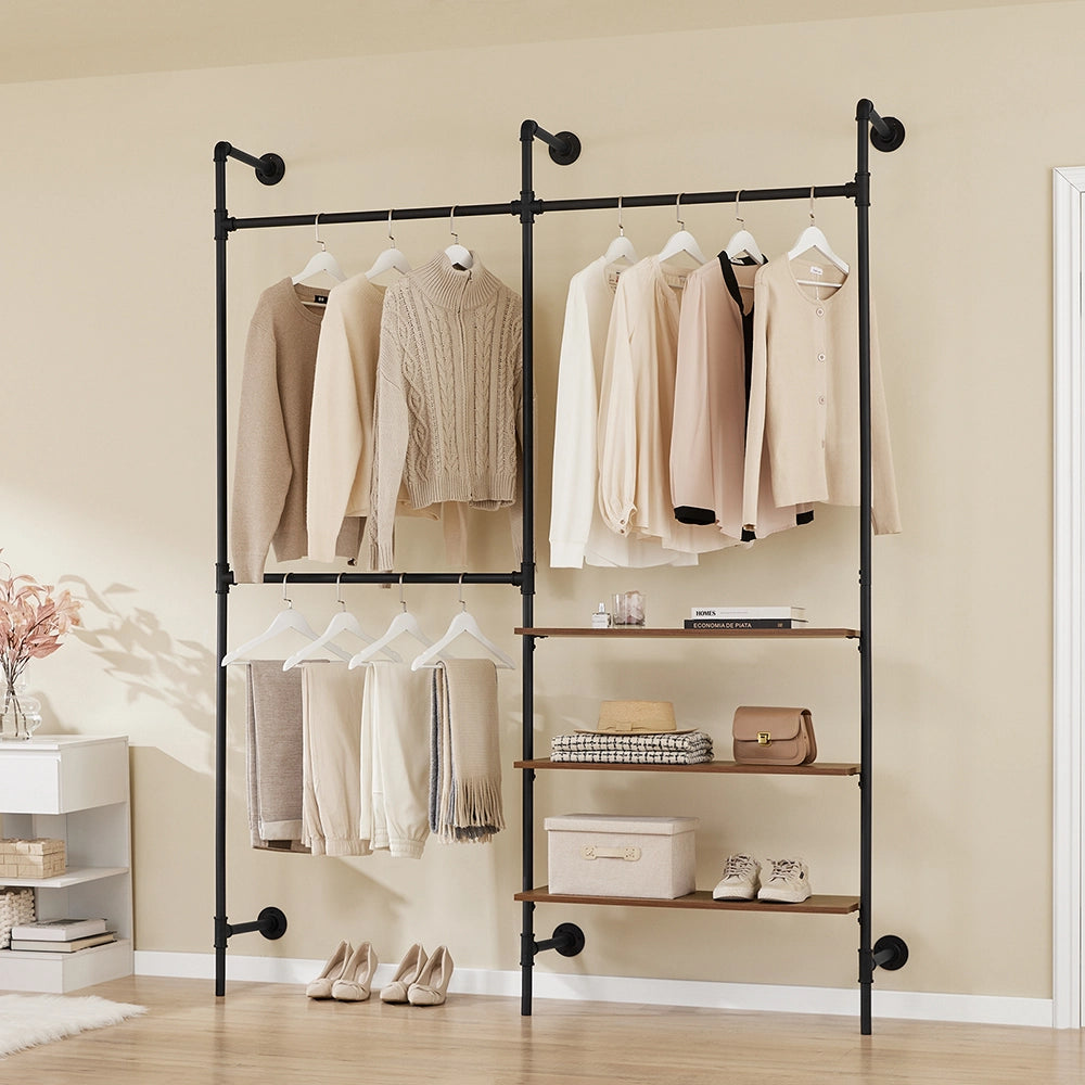 SoBuy appendiabiti da parete industriale, rack tubolare fisso con 3 barre & 3 ripiani in MDF, armadio aperto pesante salvaspazio, nero industriale KLS18-SCH