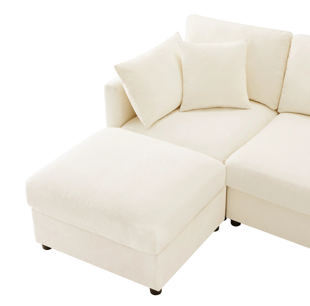Divano multifunzionale angolare con pouf; 3-4 posti; in ciniglia beige
