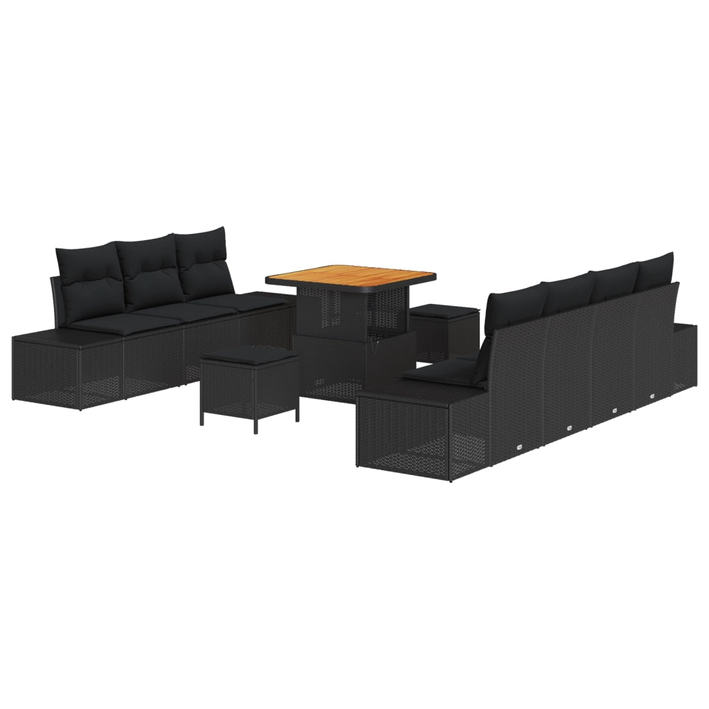 Set di divani da giardino da 10 pezzi con cuscini in polyrattan nero e acacia