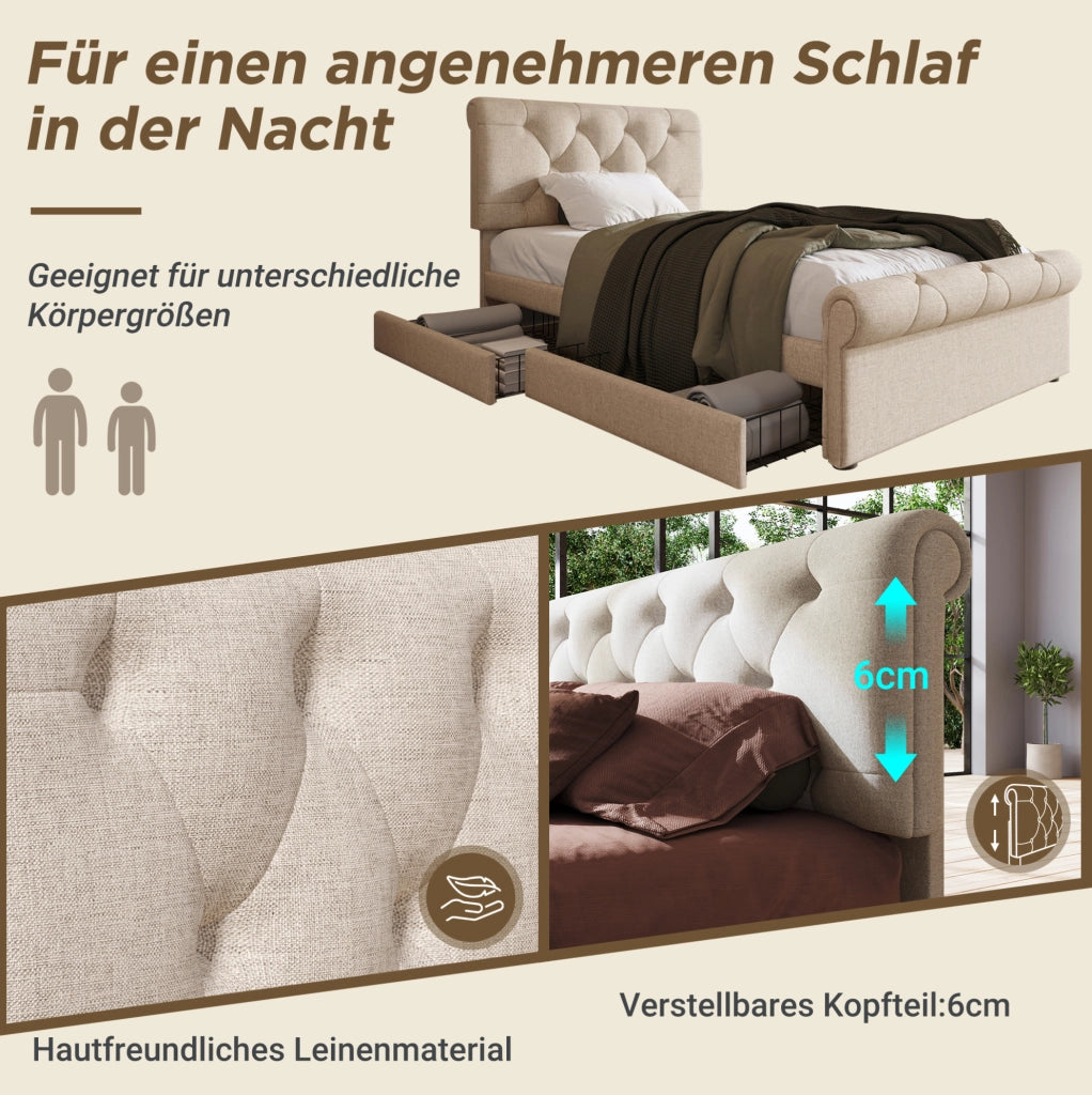 Letto singolo imbottito 90x200 cm con 2 cassetti e testiera regolabile; naturale