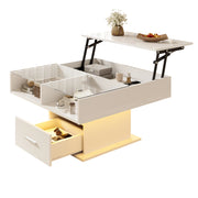 Tavolino sollevabile 78x78x45.5/59.5 cm; LED e spazio contenitore; truciolare bianco