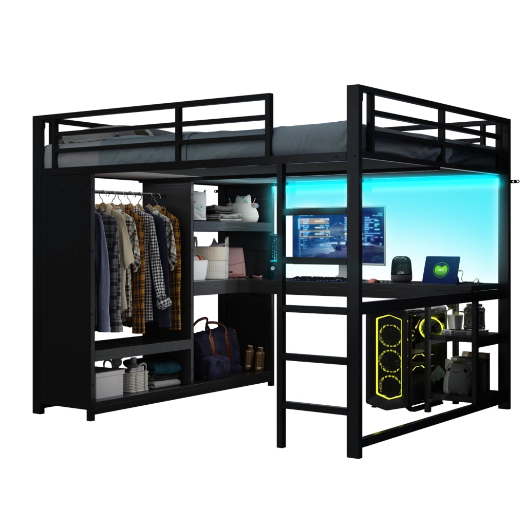 OKWISH Letto a Soppalco, Letto Matrimoniale con LED, Scrivania, Armadio Aperto e Ripiani, 160×200 cm, senza Materasso, Nero