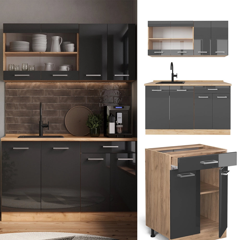 Vicco Cucina completa Antracite lucido/oro power oak 140 cm senza piano di lavoro