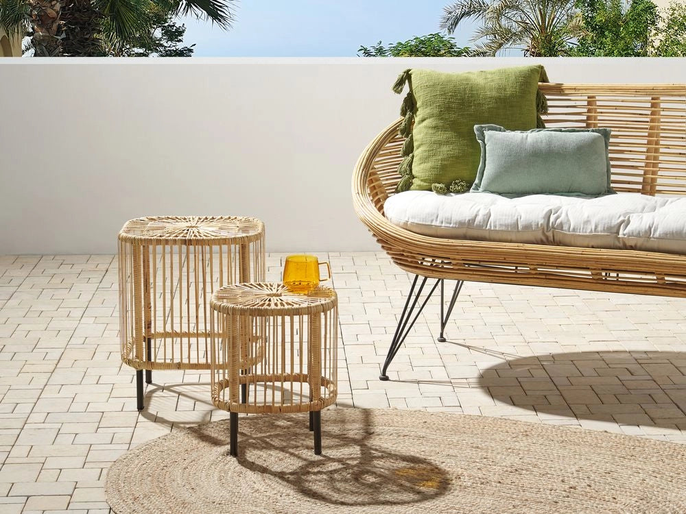 Set di 2 tavoli in rattan nero naturale fatti a mano resistenti ai raggi UV boho interno ed esterno stile boho