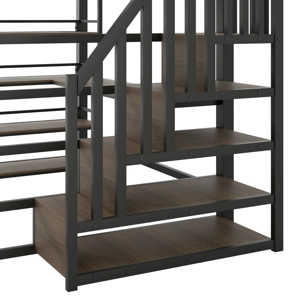 Letto a soppalco 140x200 cm in metallo nero con scrivania; scala contenitore; LED e scaffale a 4 ripiani
