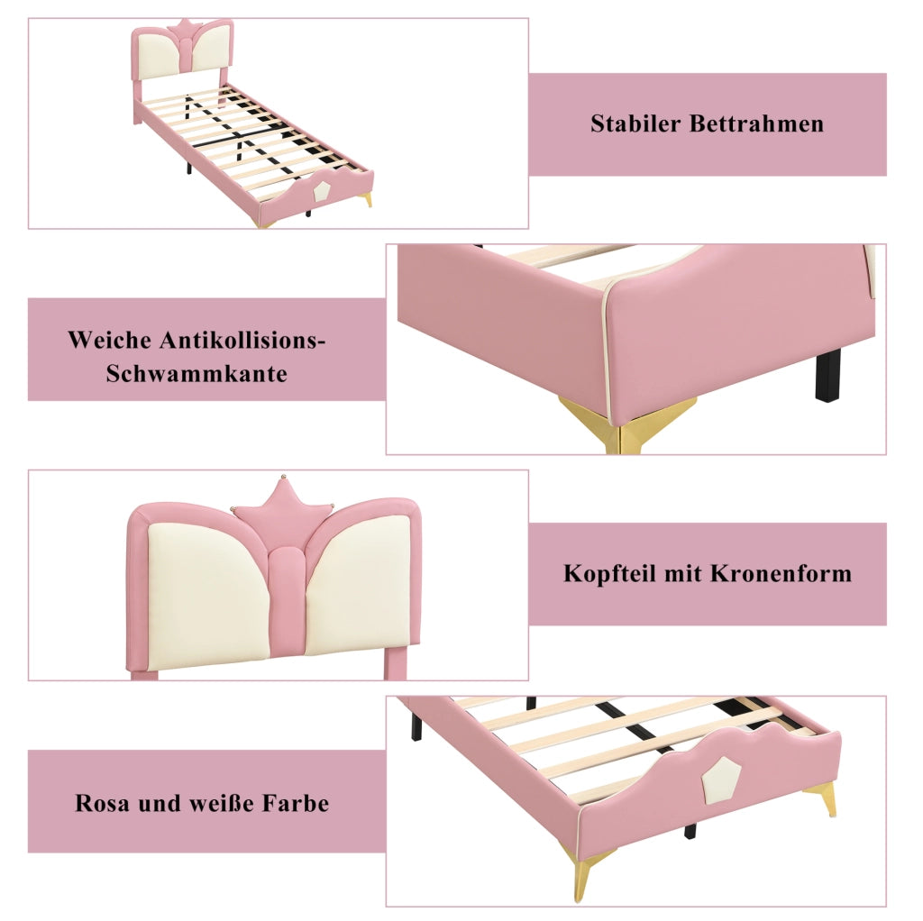 Letto imbottito per bambini 90x200 cm con testiera a corona; PU; rosa e bianco