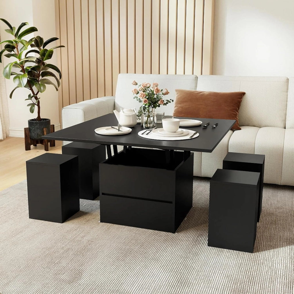 Tavolino con Piano Sollevabile e Pieghevole, Tavolino da Salotto 3 in 1 con 4 Sgabelli Contenitori, Scomparto Nascosto e Cassetto, Tavolo Rettangolare per 4-8 Persone (Nero)
