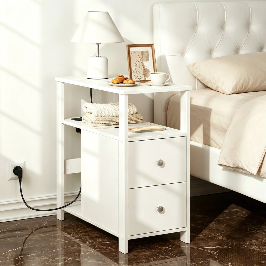Tavolino 60x30x60 cm bianco con presa e 2 cassetti, pannelli in legno E1