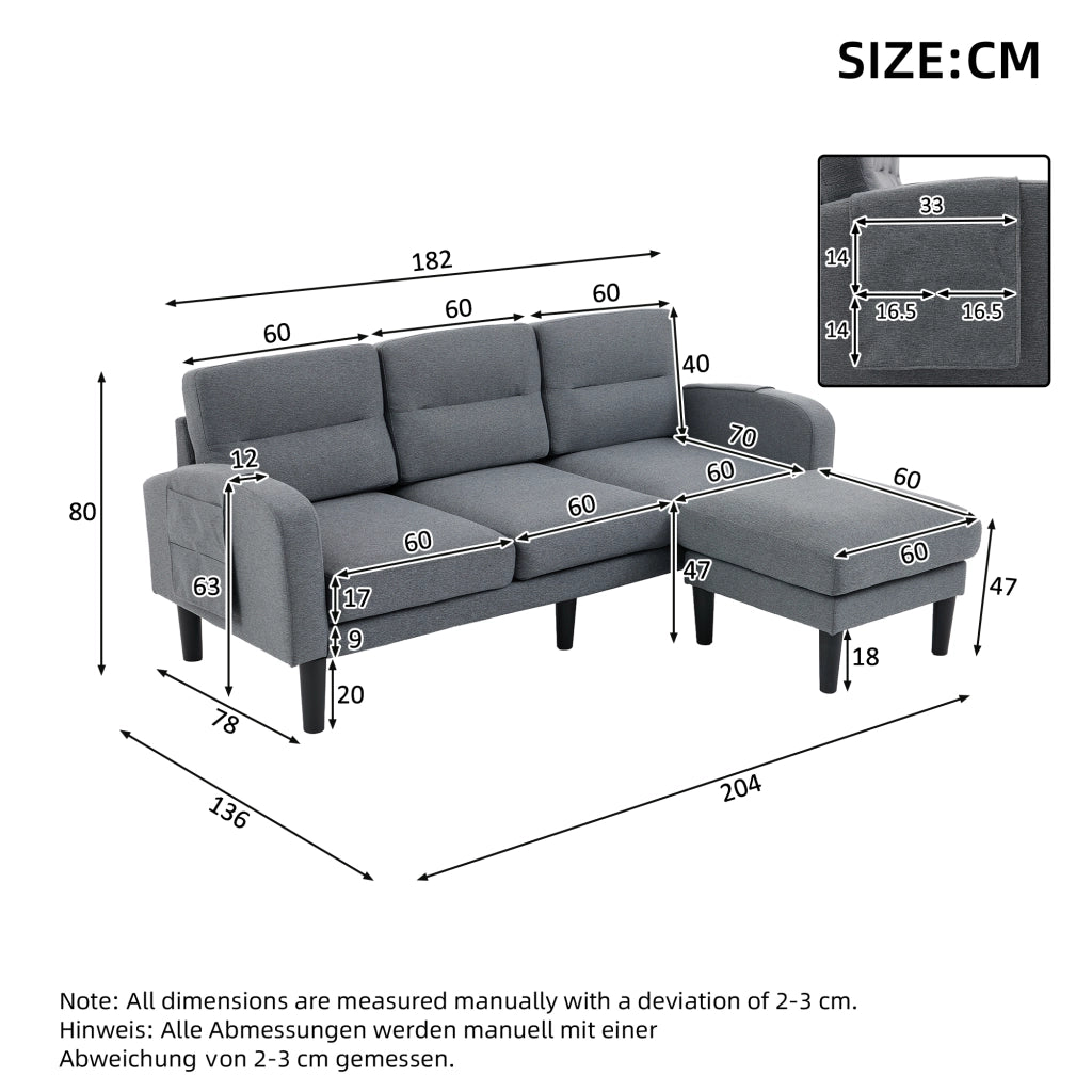 Divano angolare 3 posti modulare con chaise longue e tasche laterali in tessuto grigio