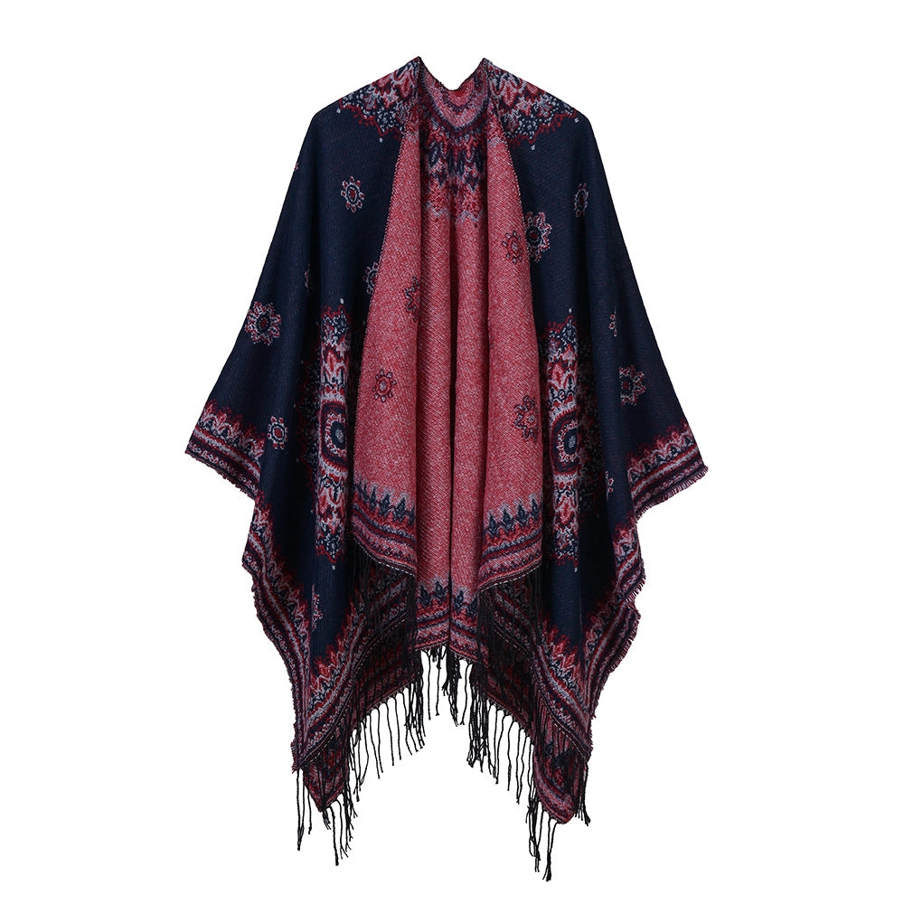 Nuovo scialle/mantella in jacquard di cashmere alla moda con spacchi, spesso e ampio, da donna.