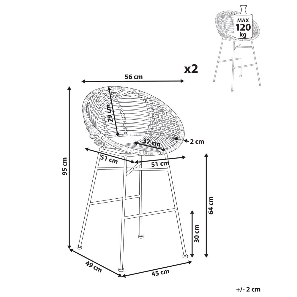 Set di 2 sedie da bar in rattan naturale con struttura in ferro, stile industriale e boho, per interni