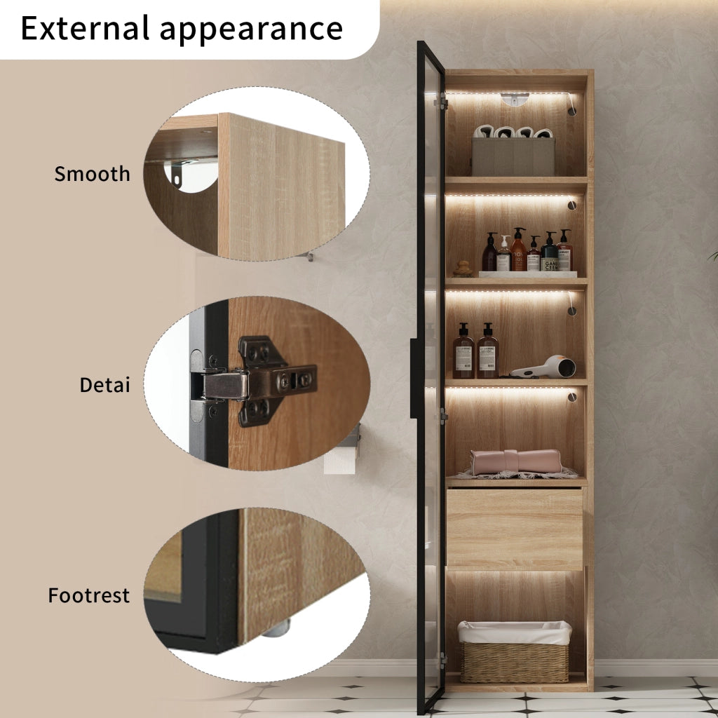 Armadietto da bagno compatto con vani aperti e anta in vetro temperato, per bagno e soggiorno, in MDF, naturale