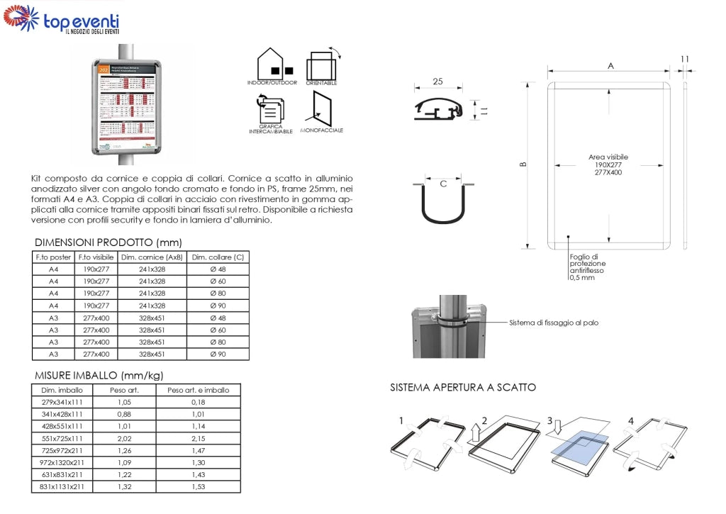 Cornice a scatto A3 per pali da 90 mm