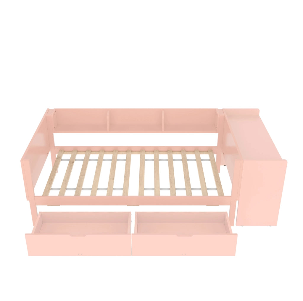 Letto 90x200 cm con scrivania; 2 cassetti e ripiani in pino e truciolare bianco/rosa