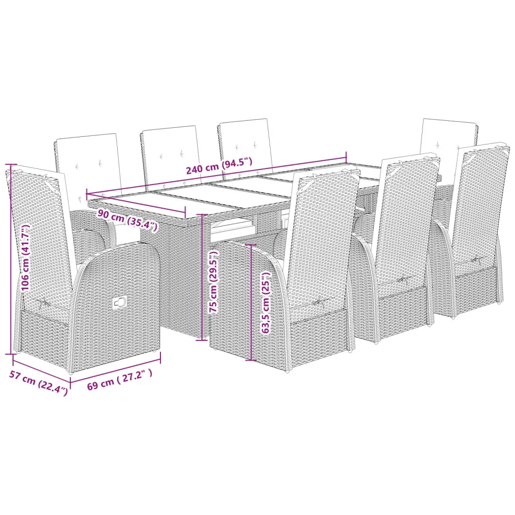 Set da Pranzo da Giardino 9 pz con Cuscini in Polyrattan Grigio 3277603